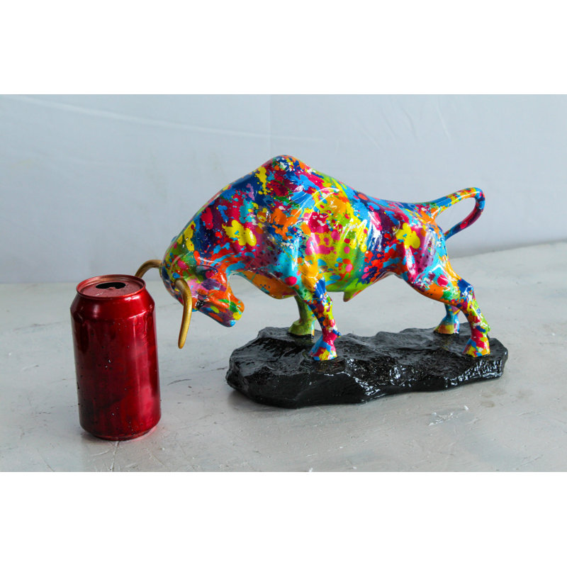Nifao Resin Bull Statue- Multicolor Swirl Indoor/Outdoor Charging Bull Sculpture,Abstract Yellow,Blue,Red &Violet Design with Gold Horns on Glossy Black Base for Homes, Offices 14" x 4" x 9"H