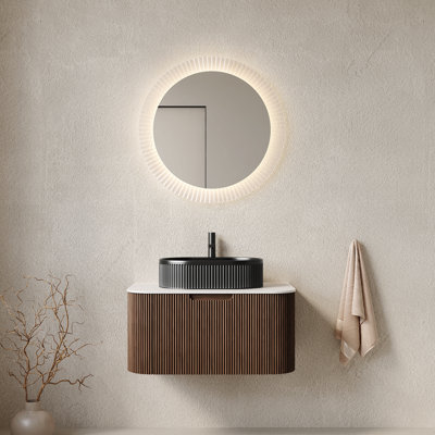 30" Bathroom Vanity With Sink, Modern Wall-Mounted Curved Edges Striped Bathroom Storage Cabinet With A Drawer, Black Ceramic Vessel Basin, No Faucet, Pre-Assembled, Dark Walnut Woodgrain Color