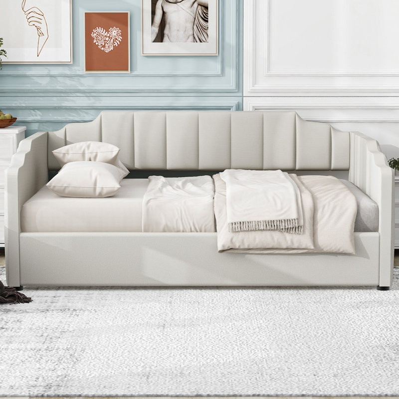 Lit de jour double rembourré beige avec tiroirs de rangement, Beige