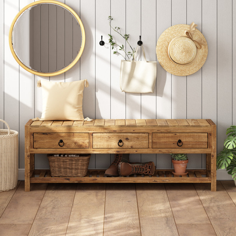 Reclaimed Solid Wood Storage Bench with Storage Drawers Shelf, 15.7" H x 45.3" W x 11.8" D - 3 Drawers