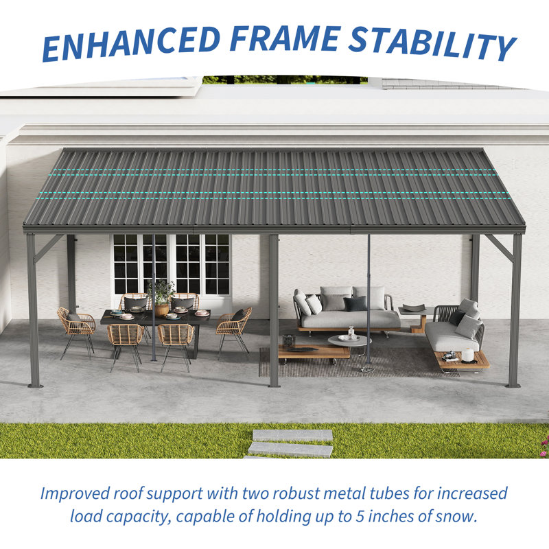 Patio Gazebo Lean to Wall Mounted Pergola with Sloping Galvanized Steel Roof, 97.8" H x 236.4" W x 143.28" D, Gray