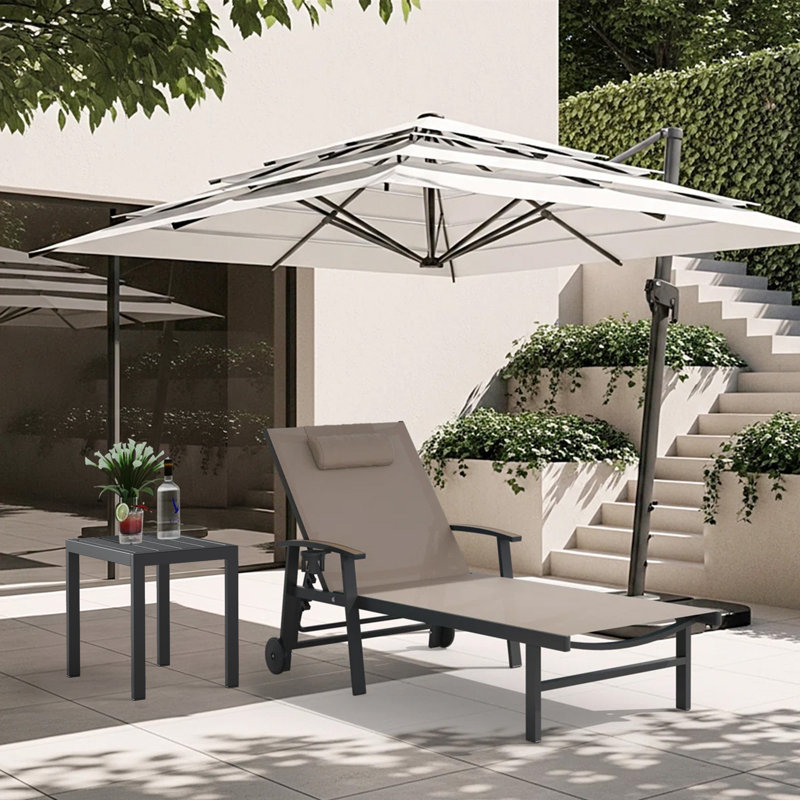 Outdoor Patio Adjustale Chaise Lounge Chair With Wheels And Armrests, Khaki