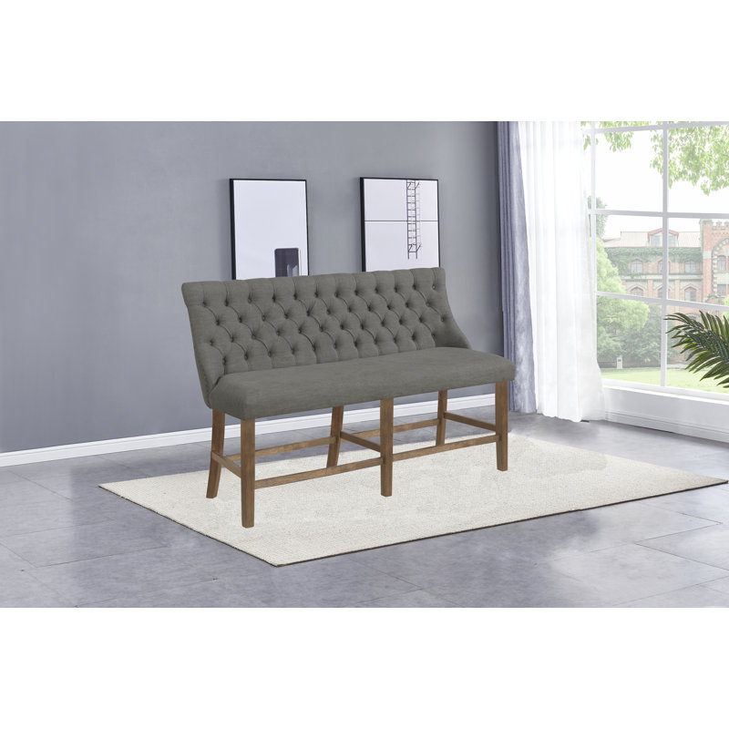 Akasia Linen Blend Upholstered Bench, Gray, Walnut