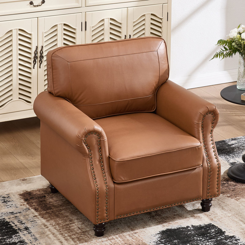 Upholstered Accent Chair Faux Leather Rolled Armchair, Brown