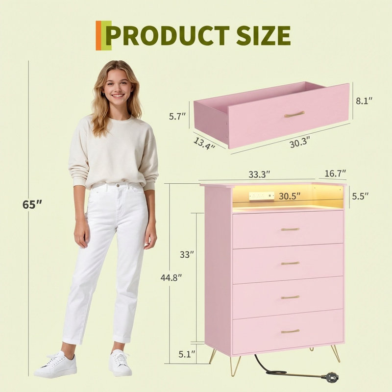 44 inch Pink 4-Drawer Tall Wooden Chest Large Storage Cabinet, Pink