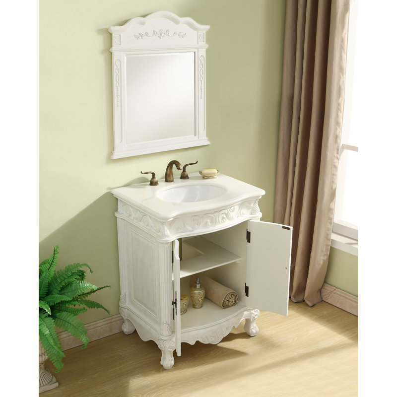 Aurillac 27'' Single Bathroom Vanity with Marble Top, Guangxi White, Antique White