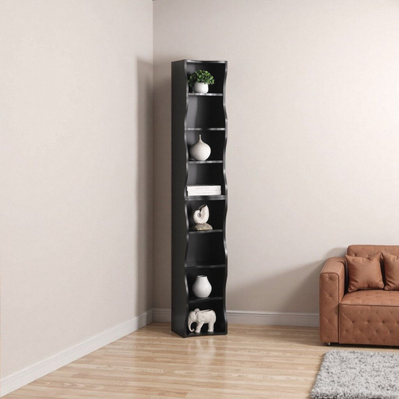 8-Tier Adjustable Shelf Bookcase With Wavy Border Design, Black