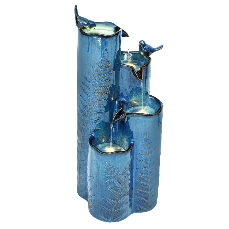 32"H 4-Tier Ceramic Outdoor Water Fountain with LED Light, Turquoise