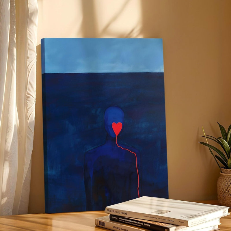 Décoration murale en toile 12 po x 18 po à motif abstrait bleu avec cœur rouge pour salon, chambre à coucher