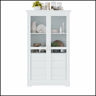 Armoire de cuisine, armoire de rangement autoportante avec portes en verre et 4 tiroirs intégrés pour le salon, le bureau personnel