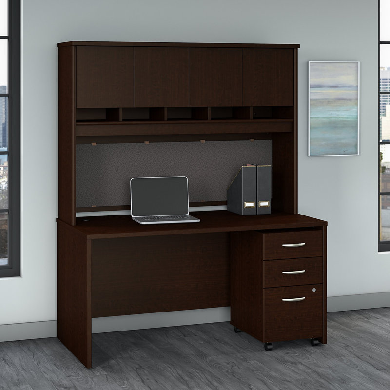 Series C 60W x 30D Office Desk with Hutch and Mobile File Cabinet, Mocha Cherry
