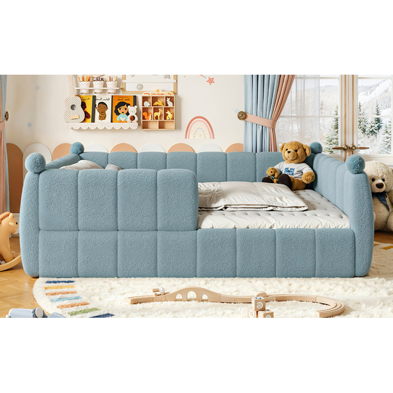 Grand lit tapissier au sol grand lit, lit au sol Montessori avec rails de sécurité, cadre pour lit d'enfant bas à terre, bleu