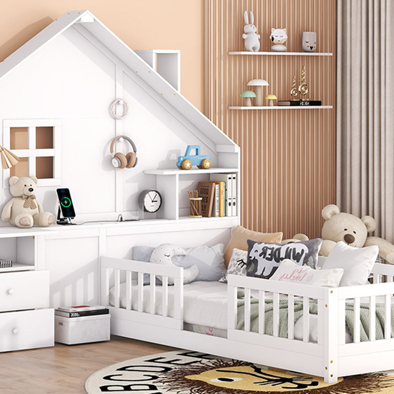 Lit House avec fenêtre et tiroirs de chevet, lit plateforme avec tablettes, prises et USB