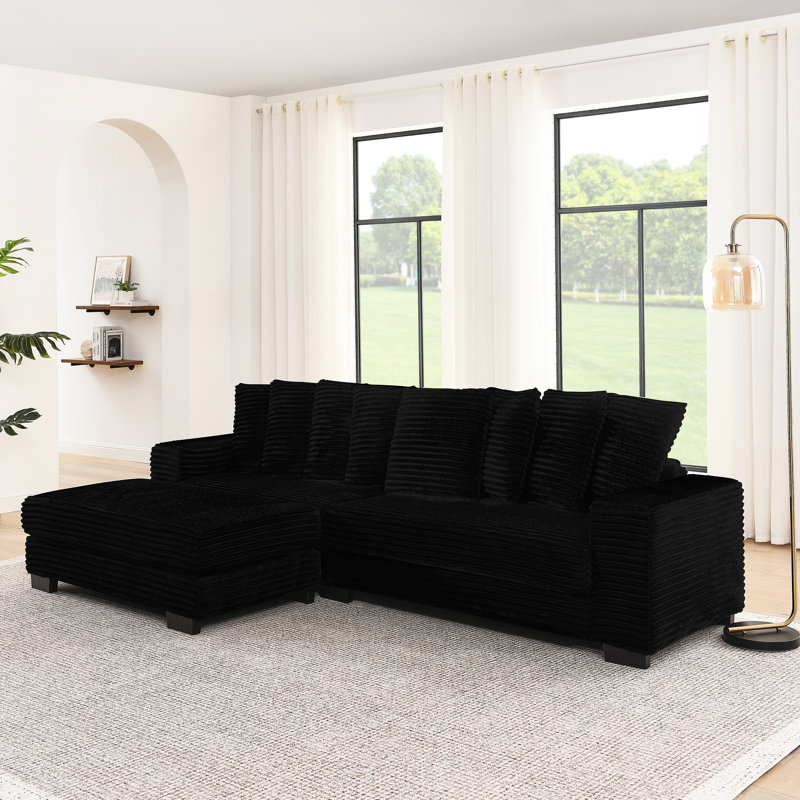 Canapé-lit modulaire en L rembourré convertible en L avec coussins d'assise et de dossier confortables, structure en bois massif noir, coussins de lit modulaires noirs design, 3 positions d'assise solides
