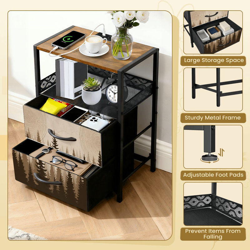 Table de chevet à 2 tiroirs en tissu avec station de charge, paysage de forêt rétro, table de chevet abstraite et table de bout avec ports USB et prises USB