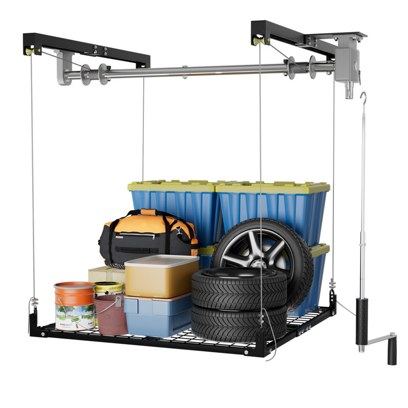 Élévateur de rangement de plafond de garage en métal robuste 4 x 4 pi, système d'organisation de rangement de plafond de garage réglable, capacité de poids de 400 lb, noir