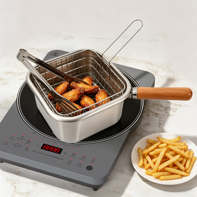 2.5 L Deep Fryer Pot with Fry Basket Lid Rack and Tongs Stainless Steel for Kitchen Camping Cooking