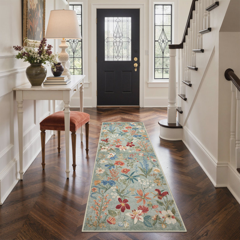 Acker Olive Green Floral Distressed Area Rug with Earthy Wildflower Pattern, Machine Washable, Inspired Faux Wool - High-Rebound Foam & Non-Slip Backing