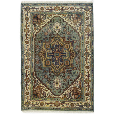 Tapis oriental bleu / crème / brun en laine noué à la main 4 pi x 5 pi 10 po Chloe