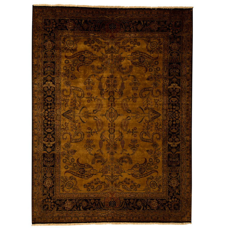 Hand Knotted Wool Oriental Area Rug in Gold And Black