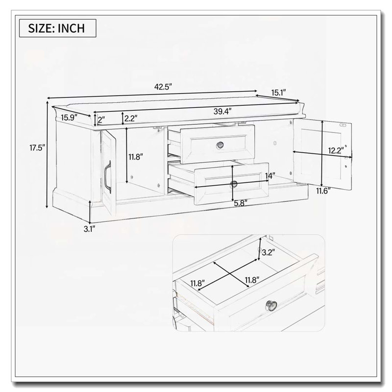 Banc de rangement avec 2 tiroirs et 2 armoires, banc à chaussures avec coussin amovible pour le salon, vestibule, Blanc