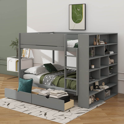 Lit superposé avec bibliothèque de rangement, structure en bois, 2 tiroirs et armoire à plusieurs niveaux