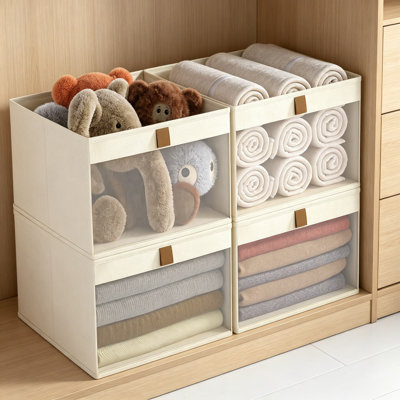 Organisateurs en lin et paniers de rangement avec fenêtre en filet, bacs d'organisation pliables pour serviettes et jouets, solution de rangement robuste pour tablettes, beige, paquet de 4