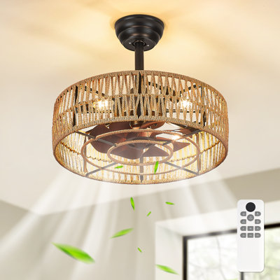 20" Farmhouse Caged Ceiling Fan Featuring A Fabric Style Light Kit And Remote Control