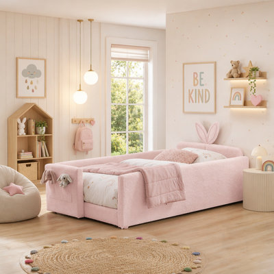 Upholstered Platform Bed with Cute Rabbit Ear Shaped Headboard, Safety Rail, Storage Pocket, and Durable Boucle Fabric
