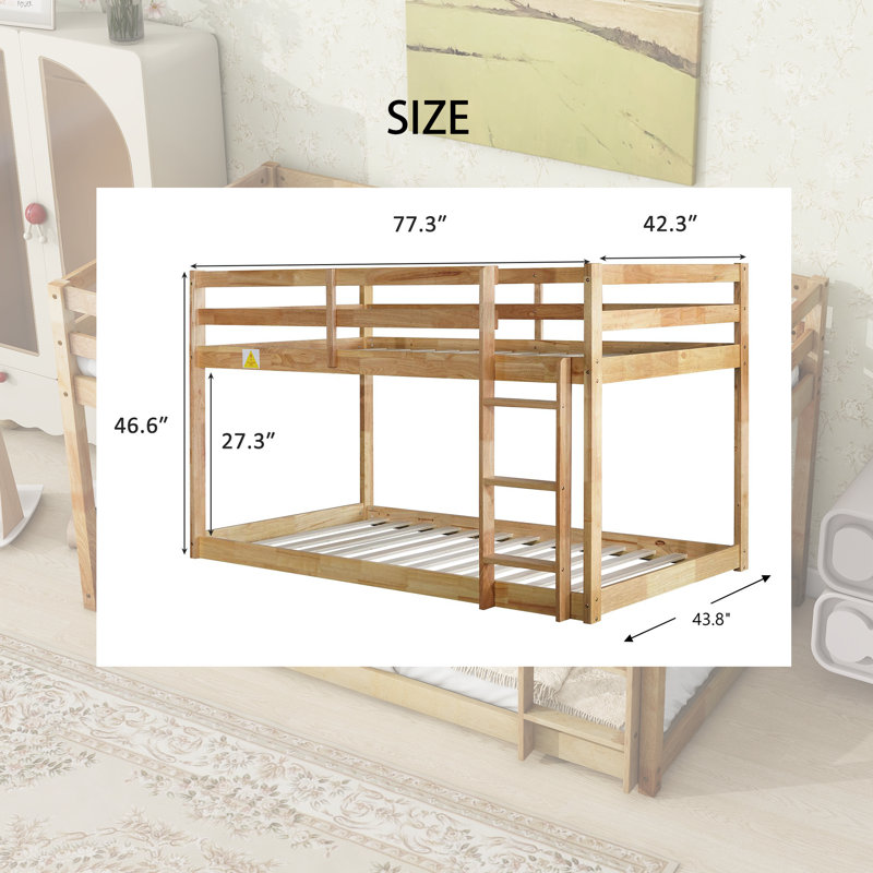  Lit superposé bas simple au-dessus de simple de 77 po de largeur - Base de lit en bois d'hévéa massif pour enfants - Barrières de sécurité et échelle intégrée - Aucun sommier requis