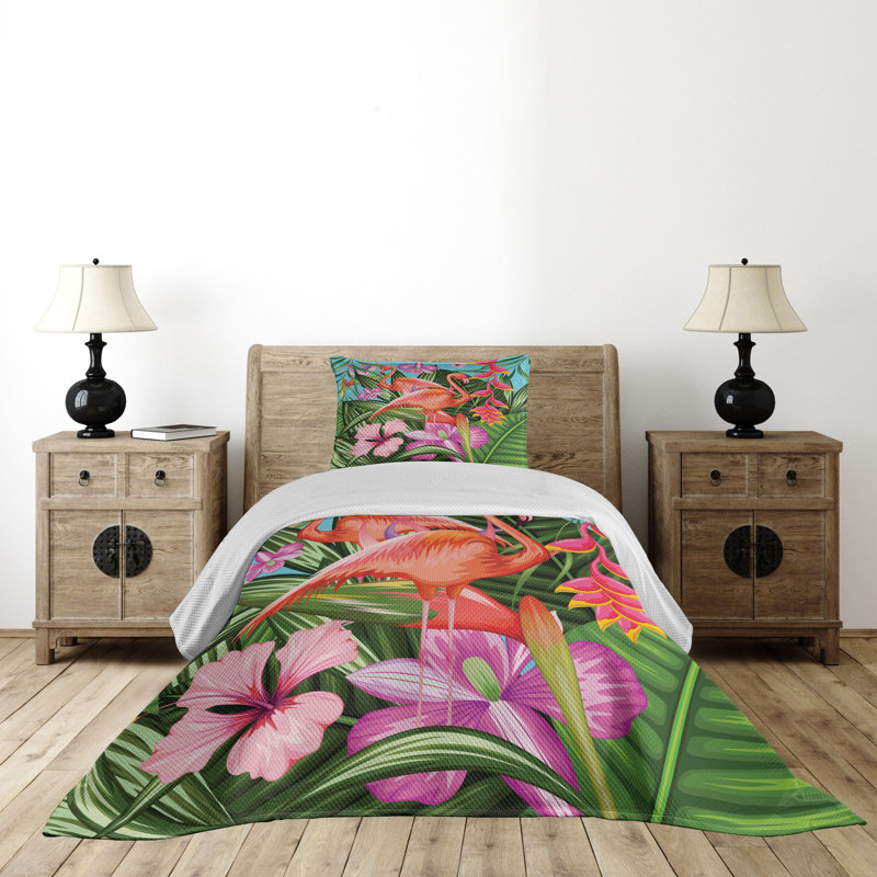 Tropical Flamingo Green Polyester Twin Bedspread Set
