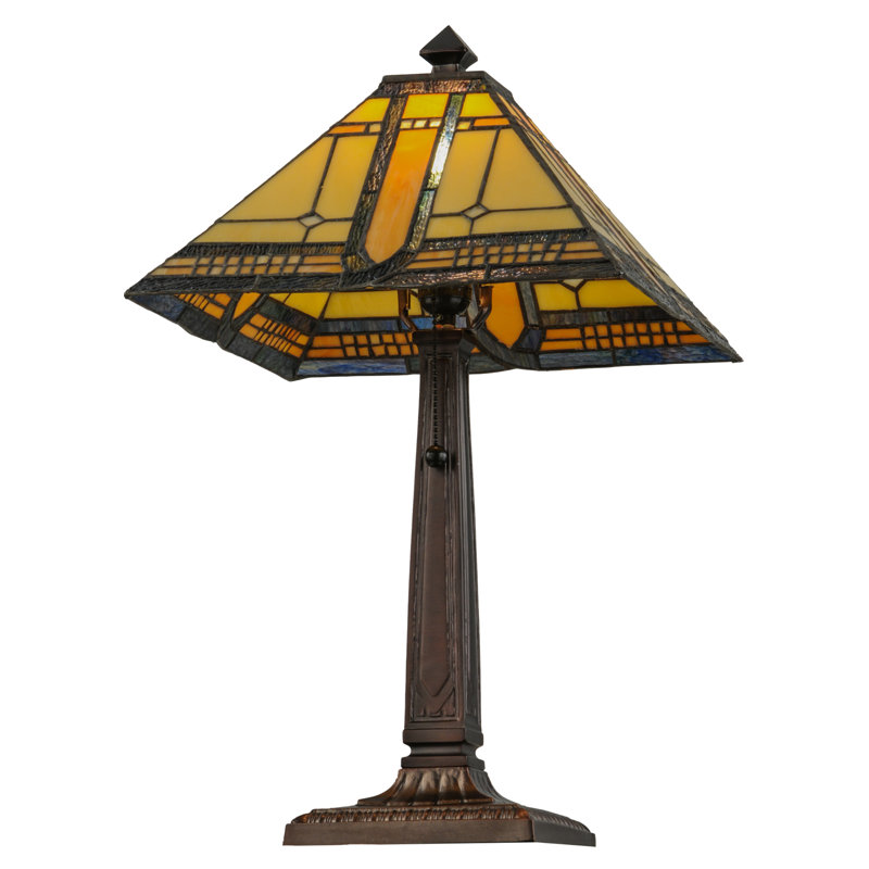 Bronze Stained Glass Mission Table Lamp with Yellow and Brown Shade