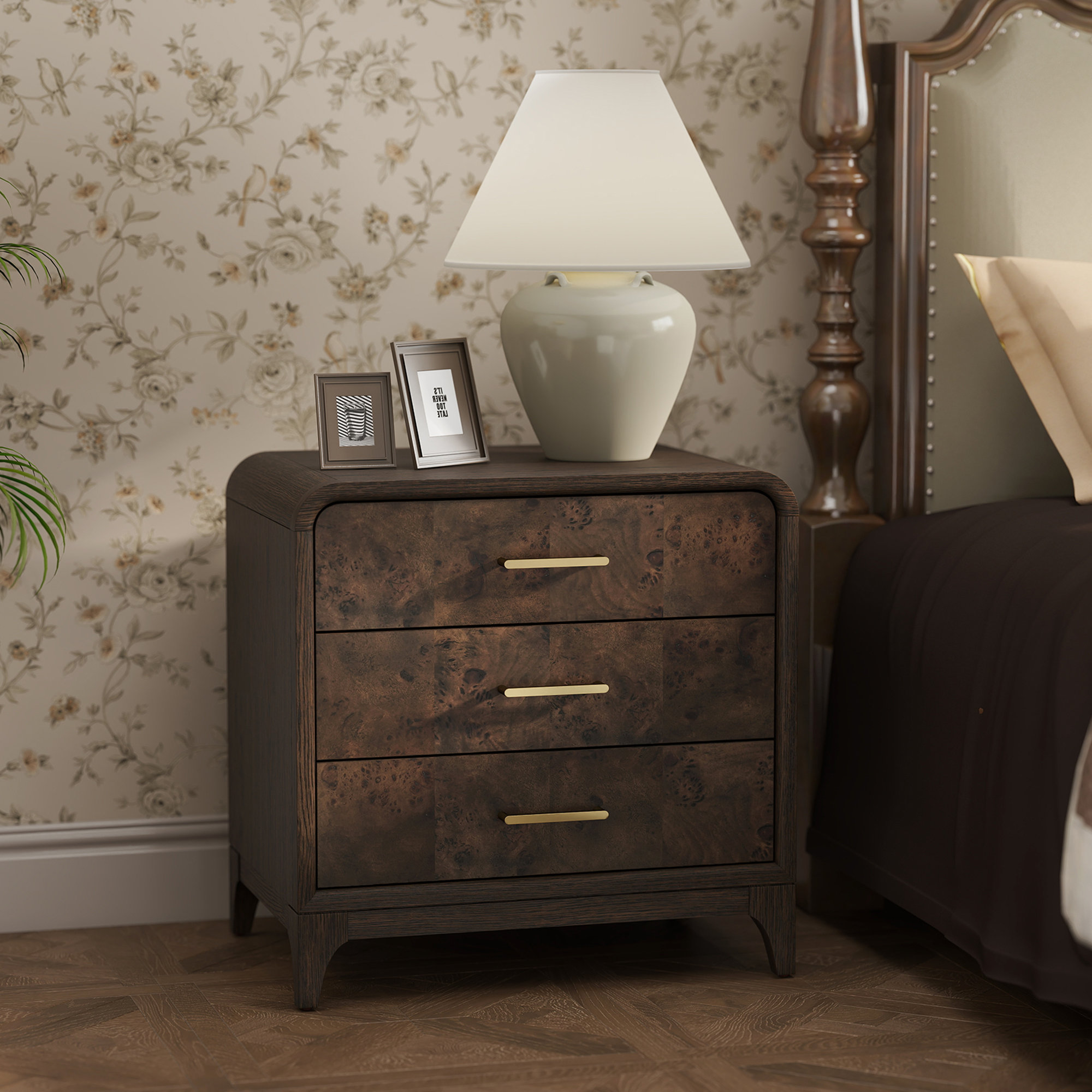 Adden Burl Wood 3-Drawer Nightstand, Coffee