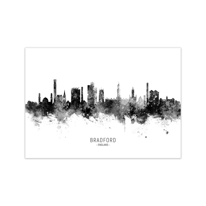 Bradford England Skyline Black White City Name by Michael Tompsett - Print, 21cm H x 30cm W x 1cm D, Unframed