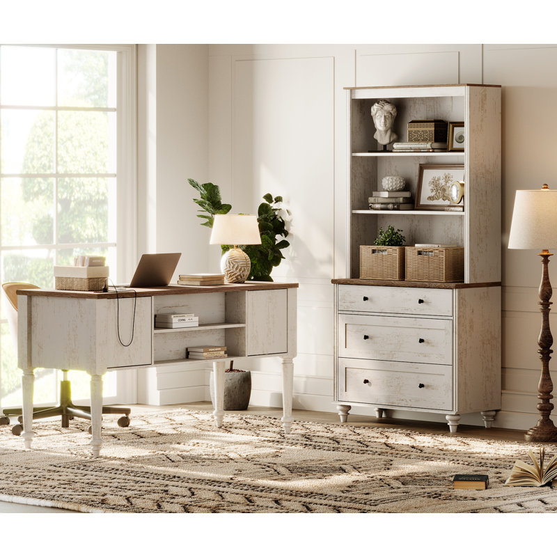 2 - Piece Office Set, 56" Executive Desk & Bookcase With Drawers, Rustic White