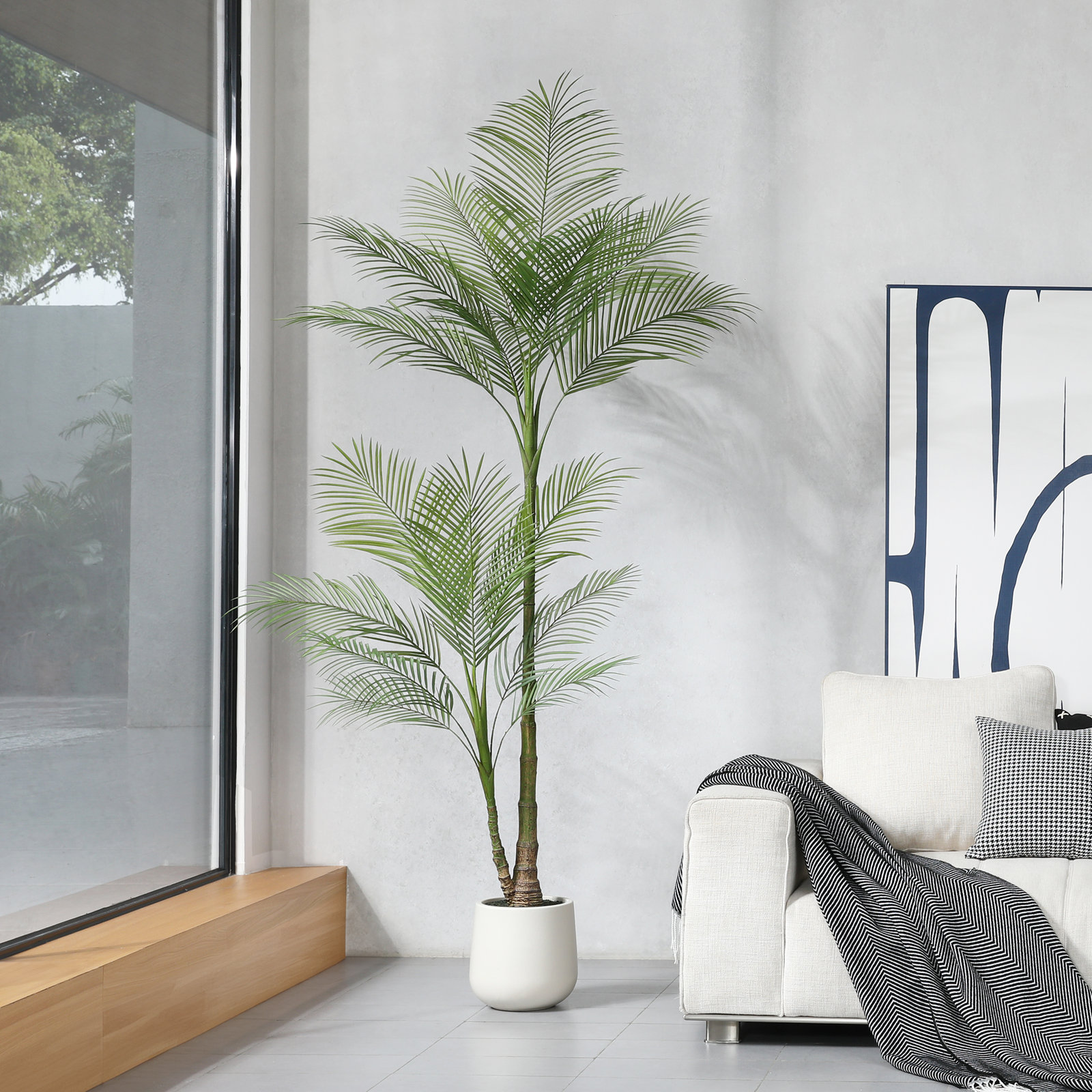 Amarillo Faux Palm Plants with Oval White Planter, Pre Potted Fake Greenry Palm Tree for Home Decor, 84" H x 28" W x 28" D