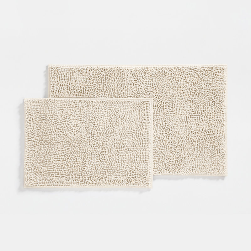 Soft Absorbent Chenille Bath Mat Rug with Anti-Skid Rubber Backing, Ivory, Set of 2 - 24" L x 17" W | 34" L x 21" W
