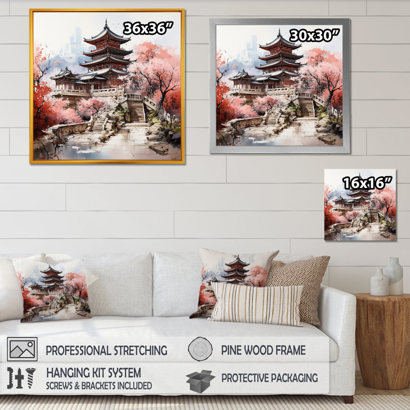 «Spring Spring China Serenity At The Temple III», art mural Chine, Cadre simple noir, H 16 po x l 16 po x P 1 po