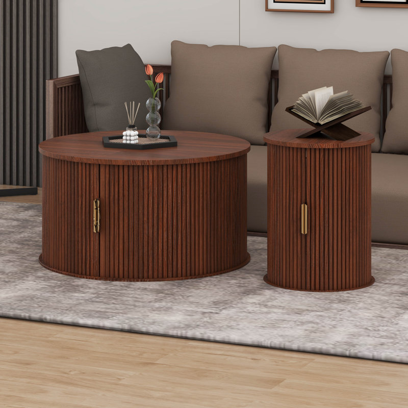Ensemble de 2 tables basses Mid-Century, rondes en bois avec porte tambour, Noyer
