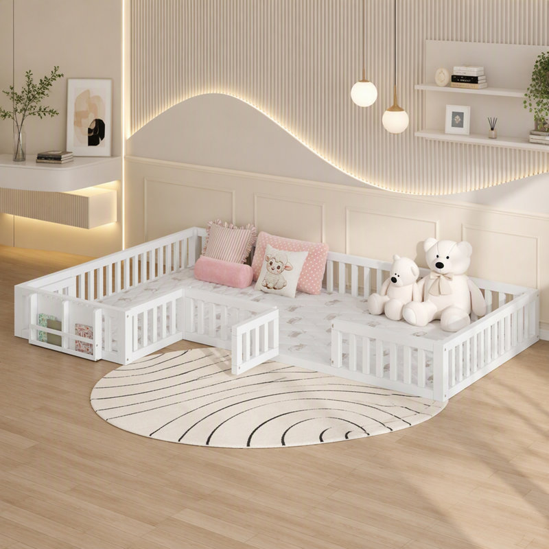 Lit de sol en forme de L pour lit simple et double avec barrières de sécurité et bibliothèque intégrée, White