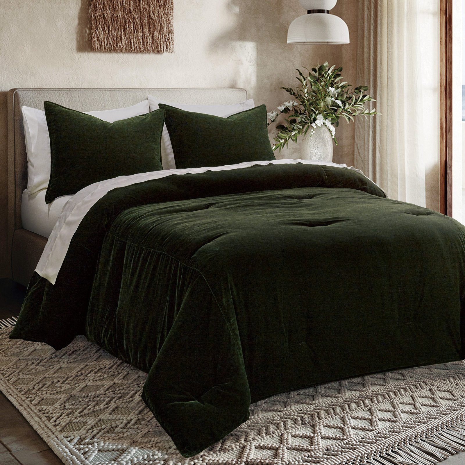 Estelle Velvet Comforter Set, King Comforter + 2 King Shams, Forest Green