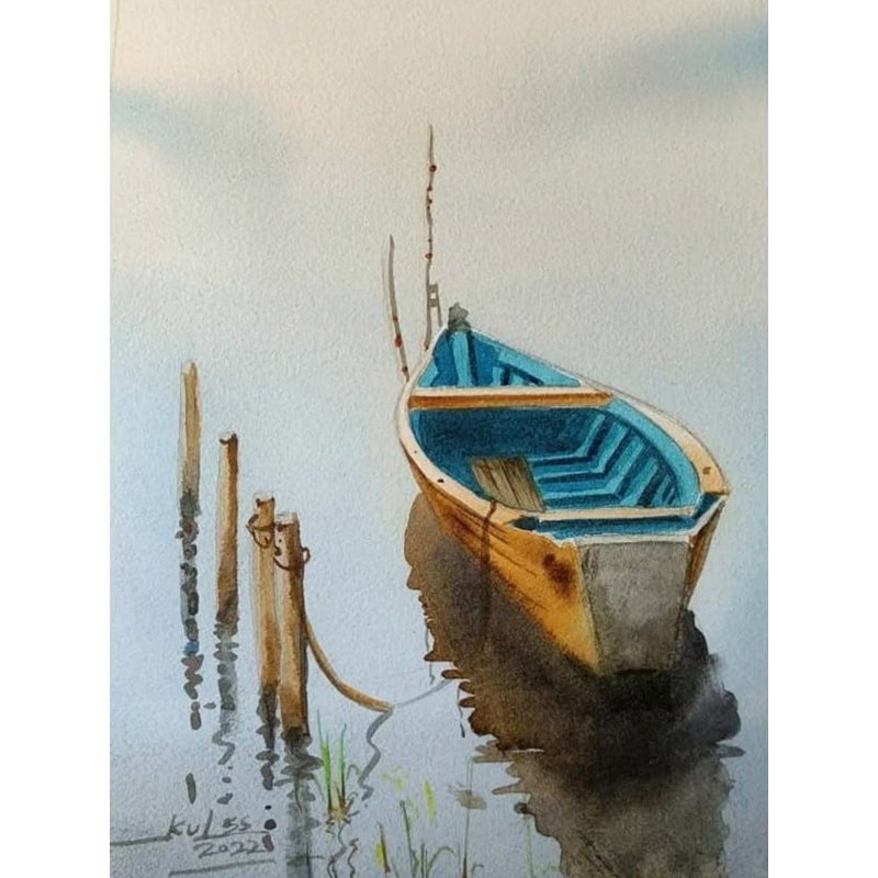 Illustration d'un bateau bleu | Aquarelle avec cadre | Kulwinder Singh