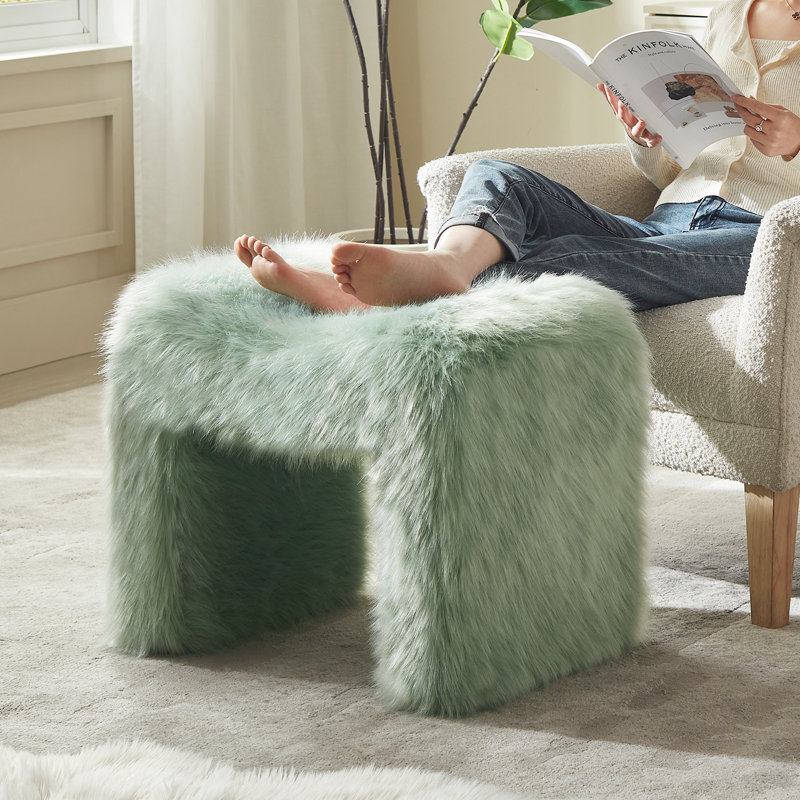 Catargiu Faux Fur Upholstered Ottoman, Green