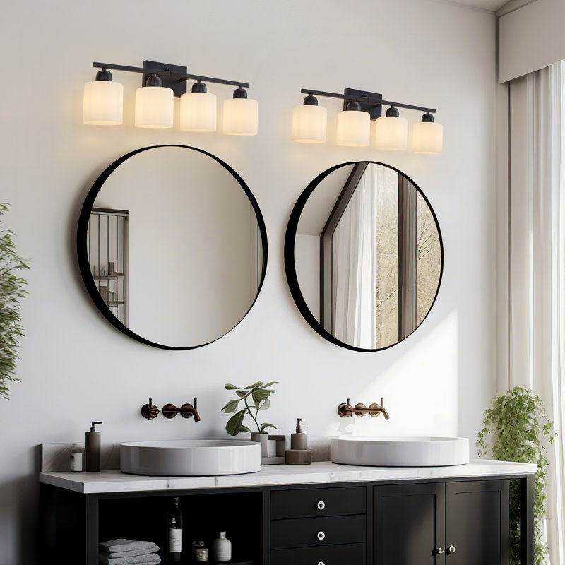  4-Light Dimmable Bathroom Vanity Light with Frosted Milk Glass Shades, Matte Black, 4 Lights