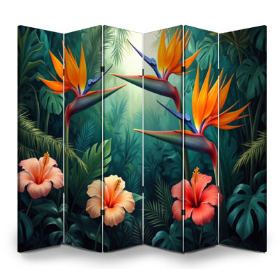 Cloison pliante 6 panneaux paravent Royal Tropical Birds Hibiscus Fleurs Toile Jungle Séparateur de pièce Cloison de protection autoportante