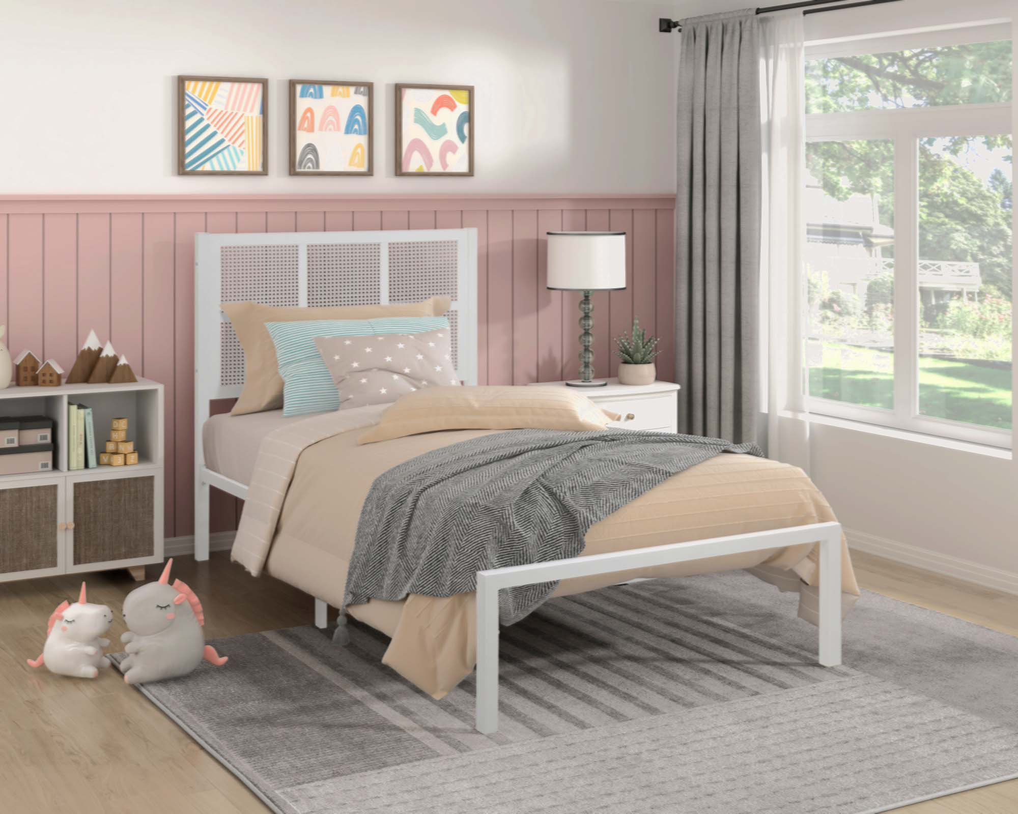 Dovecove 1Pc Platform Bed, Metal Frame Finish Faux Cane Panel Headboard