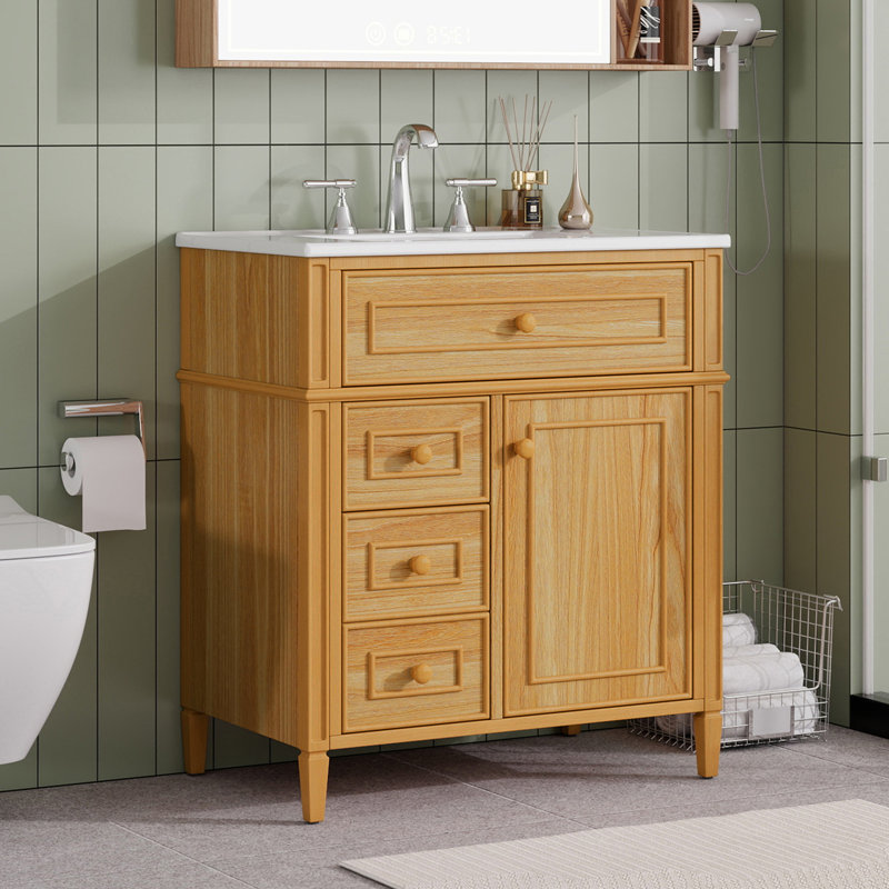 Meuble-lavabo de 30 po avec lavabo, armoire en bois massif et bois aggloméré, tiroir rabattable, bois, 30", Bois
