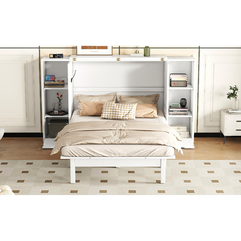 Lit pour petits espaces avec tablettes, tiroirs et rangement de tiroir blanc, tablettes