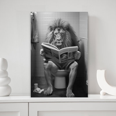Lion's Bathroom Reading 1 Piece Wrapped Canvas Wall Art