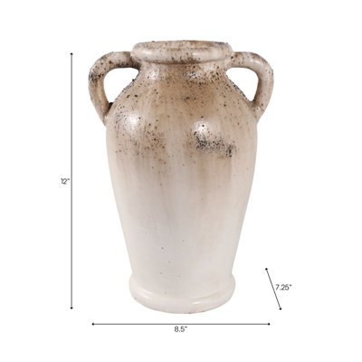 Modern Rustic Terracotta Tall Flower Vase With Speckled Finish - Elevated Home Decor Accent Vases For Table - Ivory/Brown